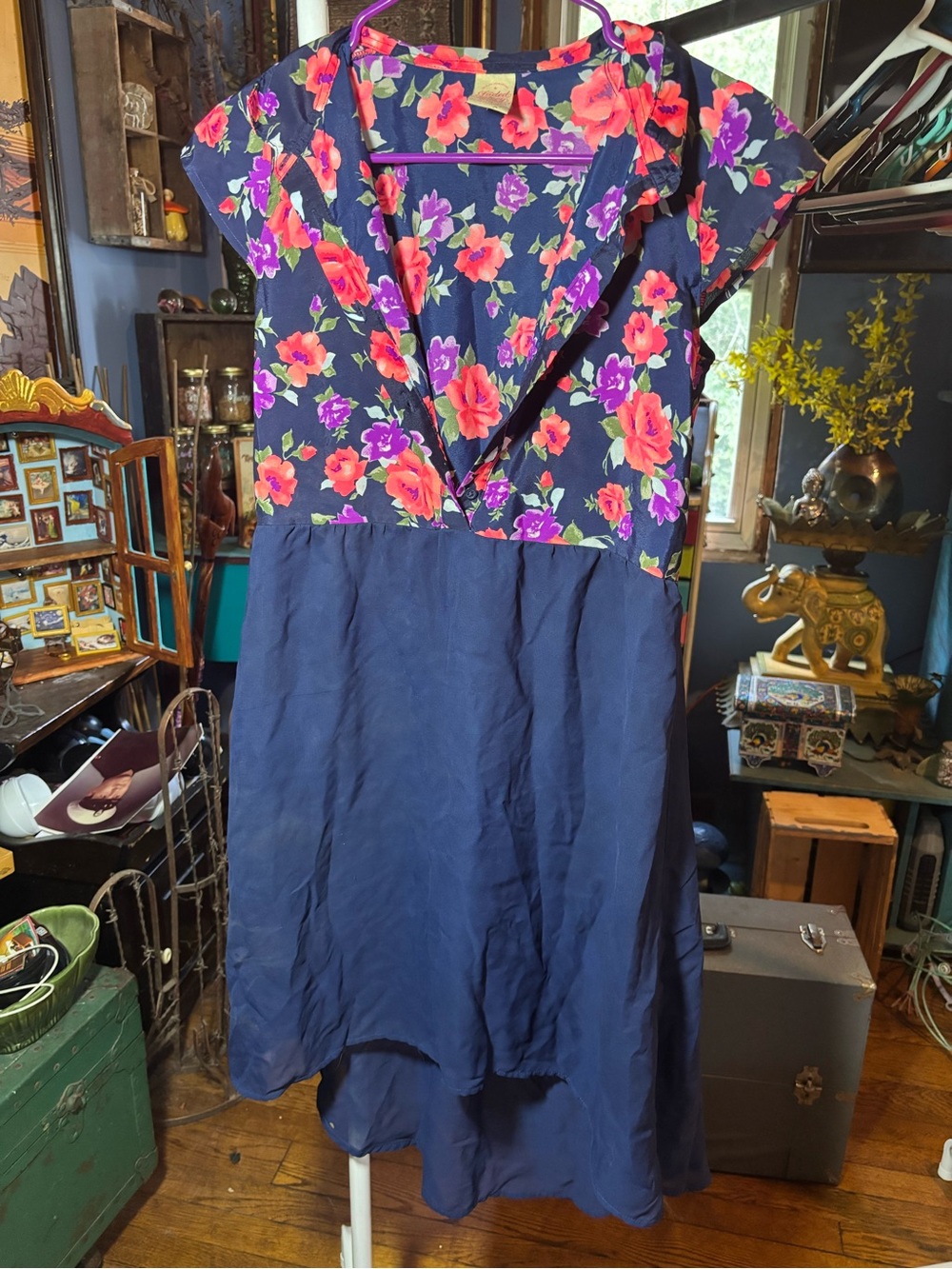 Faded Glory Navy High-Low Dress with Pink & Purple Floral Bodice